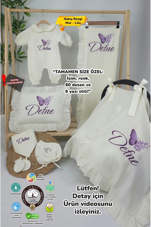 Gros Shop Müslin Yeni Doğan 4Katlı Organik %100Pamuk Kişiye Özgü Nakışlı Hastane Çıkış Seti-Çoklu Kelebek - Image 1