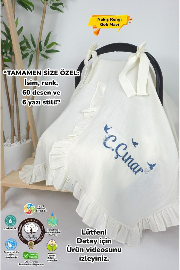 Gros Shop Müslin Yeni Doğan 4Katlı Organik %100Pamuk Kişiye Özgü Nakışlı Hastane Çıkış Seti-3'Lü Kuş Model - Image 1