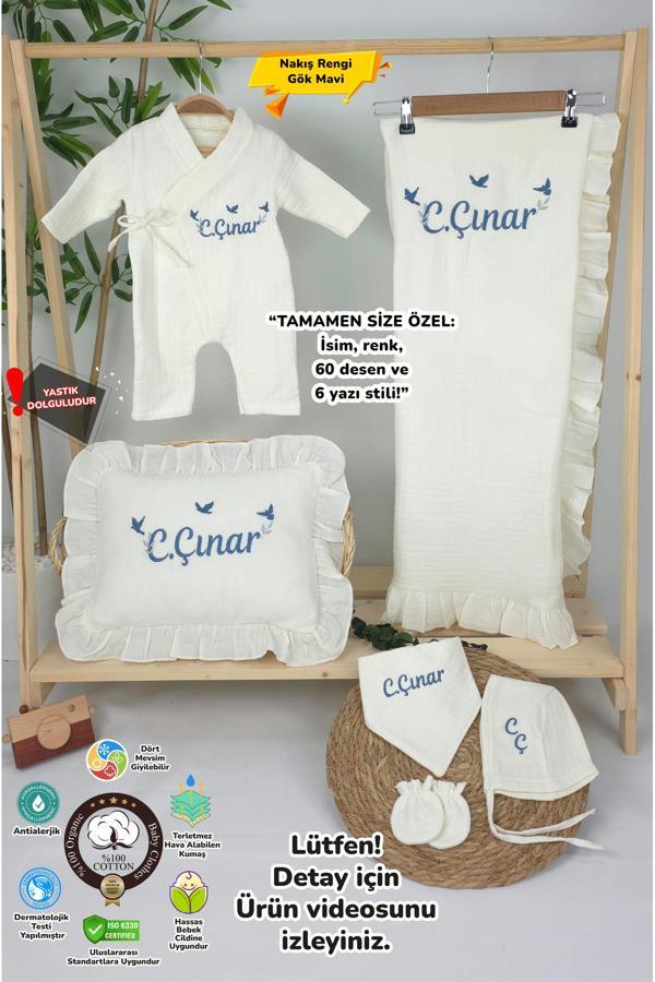 Gros Shop Müslin Yeni Doğan 4Katlı Organik %100Pamuk Kişiye Özgü Nakışlı Hastane Çıkış Seti-3'Lü Kuş Model - Image 1