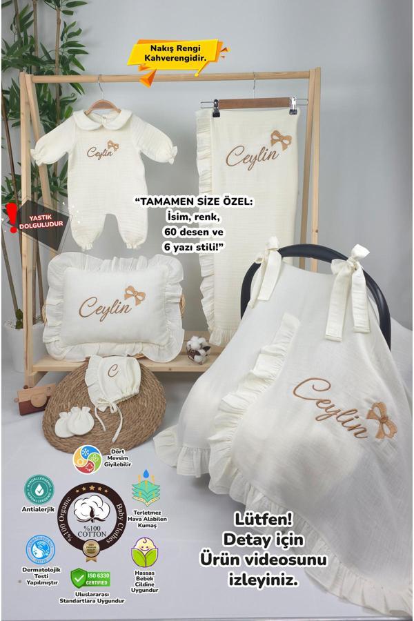Gros Shop Müslin Yeni Doğan 4Katlı Organik %100Pamuk Kişiye Özgü Nakışlı Hastane Çıkış Seti-Kurdele Model - Image 1