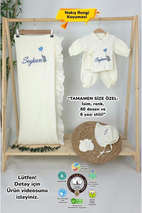Gros Shop Müslin Yeni Doğan 4Katlı Organik %100Pamuk Kişiye Özgü Nakışlı Hastane Çıkış Seti (Filli Model-2) - Image 1