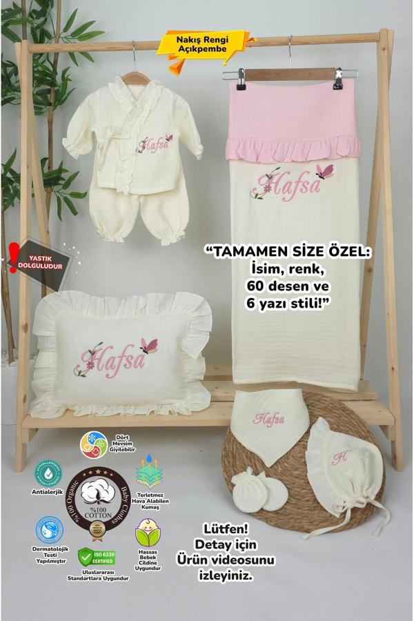 Gros Shop Müslin Yeni Doğan 4Katlı Organik %100Pamuk Kişiye Özgü Nakışlı Hastane Çıkış Seti(Kelebekli Papatya) - Image 1