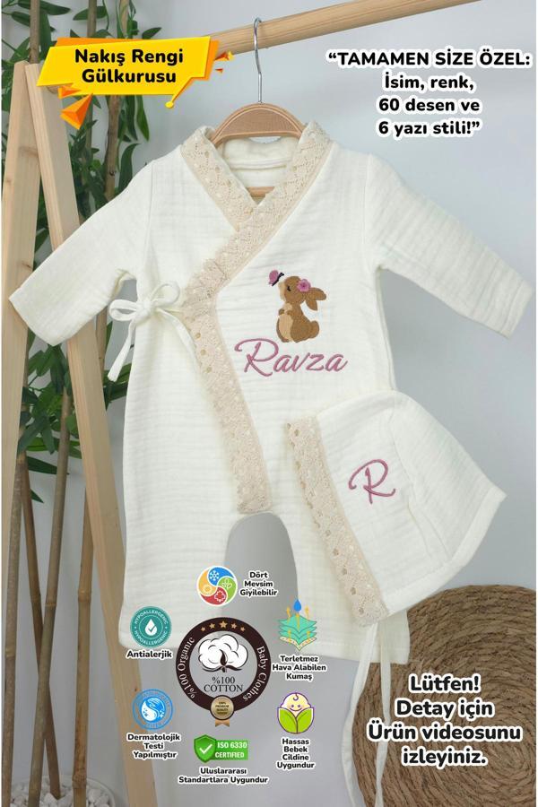 Gros Shop Müslin Yeni Doğan 4Katlı Organik %100Pamuk Kişiye Özgü Nakışlı Hastane Çıkış Seti (Tavşan Model-5) - Image 1