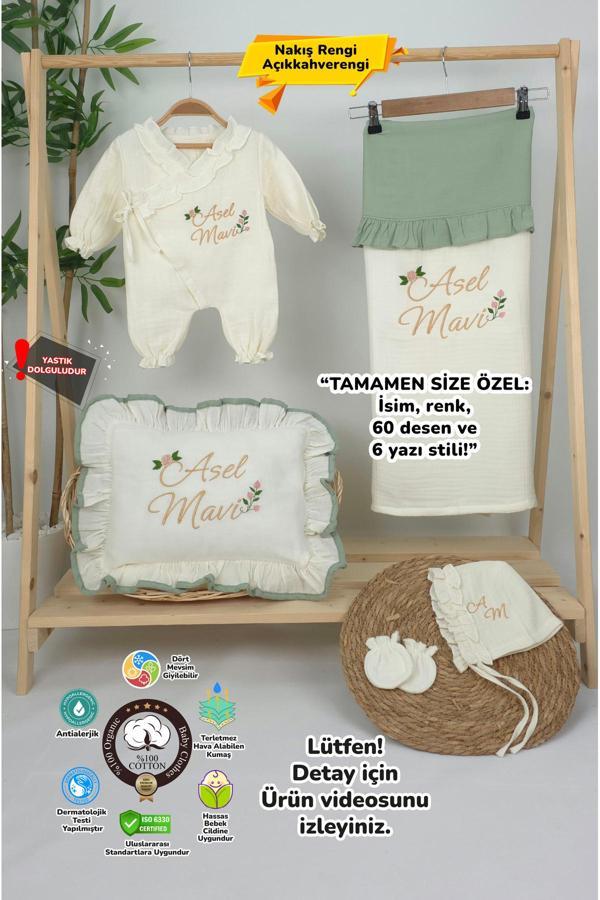 Gros Shop Müslin Yeni Doğan 4Katlı Organik %100Pamuk Kişiye Özgü Nakışlı Hastane Çıkış Seti (Güllü Model-5) - Image 1