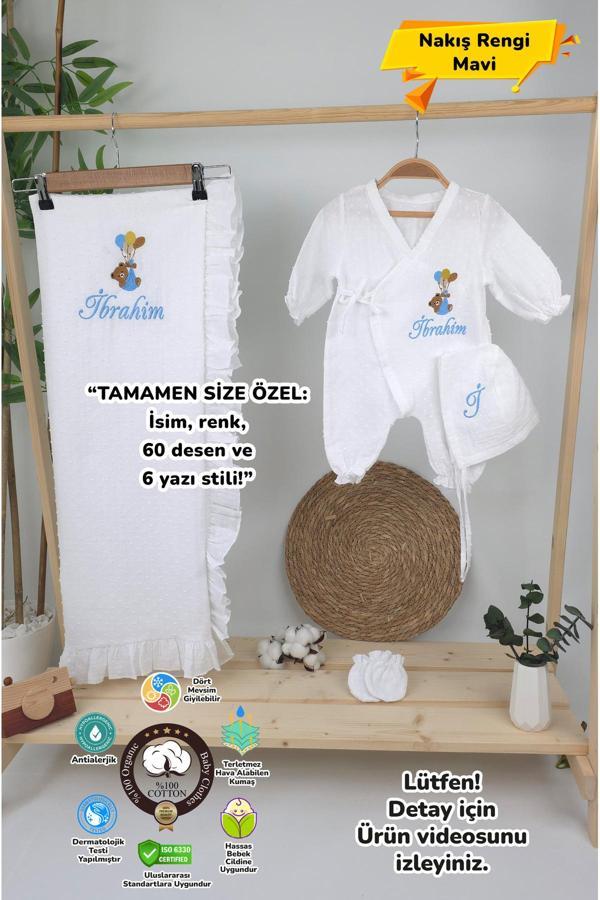 Gros Shop Müslin Yeni Doğan 4Katlı Organik %100Pamuk Kişiye Özgü Nakışlı Hastane Çıkış Seti-Ayıcık Model - Image 1