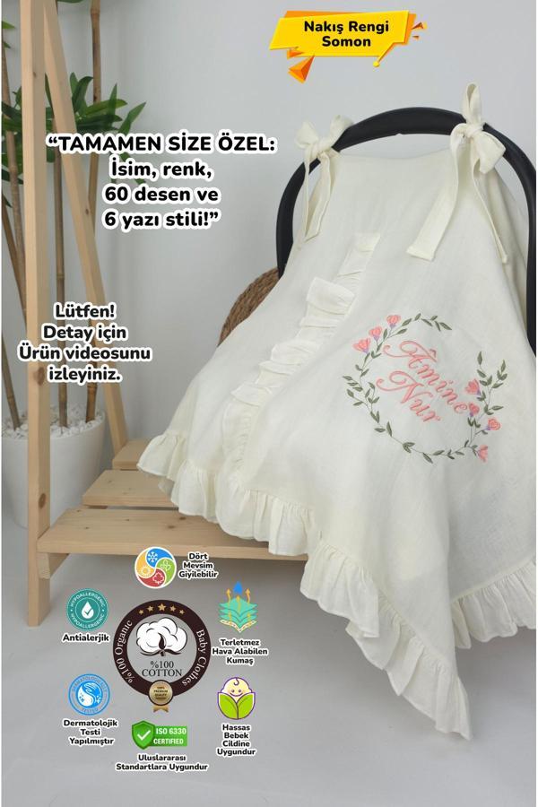 Gros Shop Müslin Yeni Doğan 4Katlı Organik %100Pamuk Kişiye Özgü Nakışlı Hastane Çıkış Seti (Çiçek Model-2) - Image 1