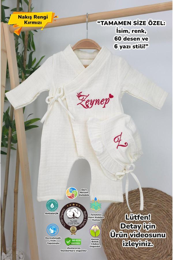 Gros Shop Müslin Yeni Doğan 4Katlı Organik %100Pamuk Kişiye Özgü Nakışlı Hastane Çıkış Seti(Kalpli Model-7) - Image 1