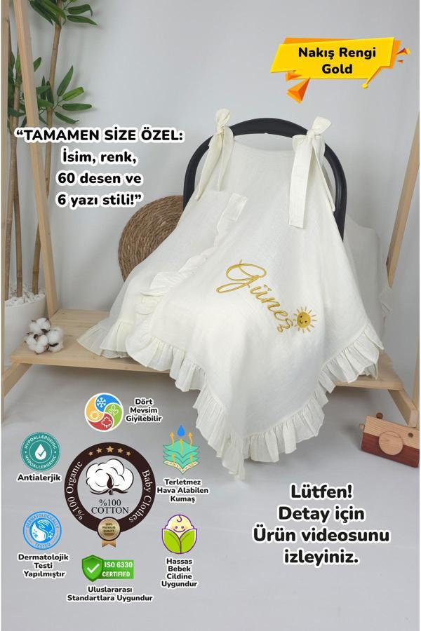 Gros Shop Müslin Yeni Doğan 4Katlı Organik %100Pamuk Kişiye Özgü Nakışlı Hastane Çıkış Seti-Güneş Model-1 - Image 1