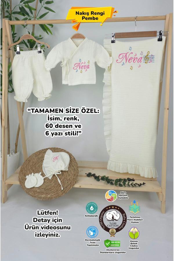 Gros Shop Müslin Yeni Doğan 4Katlı Organik %100Pamuk Kişiye Özgü Nakışlı Hastane Çıkış Seti (Nota Model) - Image 1