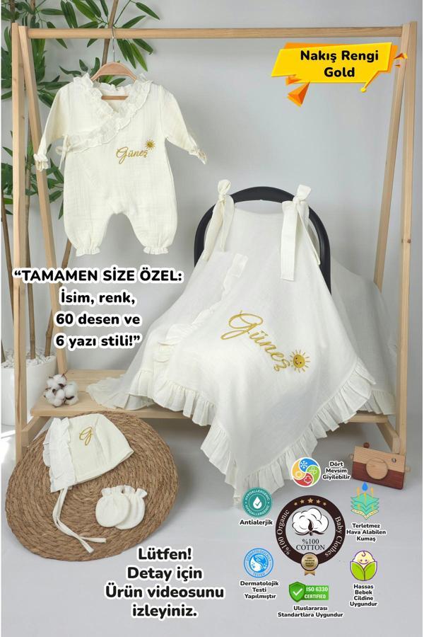 Gros Shop Müslin Yeni Doğan 4Katlı Organik %100Pamuk Kişiye Özgü Nakışlı Hastane Çıkış Seti-Güneş Model-1 - Image 1
