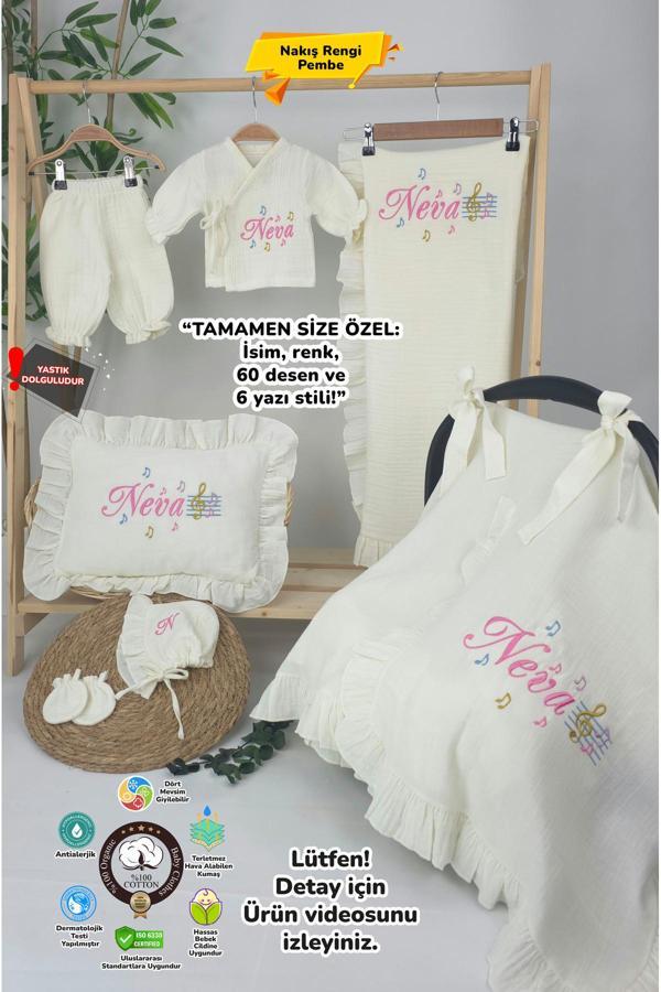 Gros Shop Müslin Yeni Doğan 4Katlı Organik %100Pamuk Kişiye Özgü Nakışlı Hastane Çıkış Seti (Nota Model) - Image 1