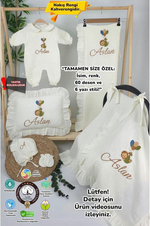 Gros Shop Müslin Yeni Doğan 4Katlı Organik %100Pamuk Kişiye Özgü Nakışlı Hastane Çıkış Seti-Aslan Model - Image 1