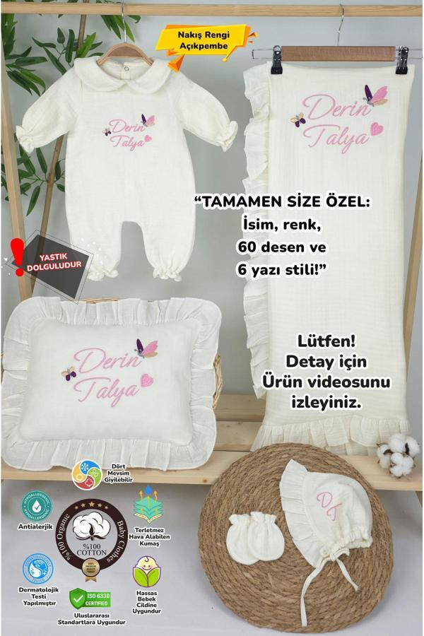 Gros Shop Müslin Yeni Doğan 4Katlı Organik %100Pamuk Kişiye Özgü Nakışlı Hastane Çıkış Seti-İkili Kelebek - Image 1