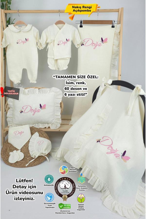 Gros Shop Müslin Yeni Doğan 4Katlı Organik %100Pamuk Kişiye Özgü Nakışlı Hastane Çıkış Seti (Kelebek Model-1) - Image 1