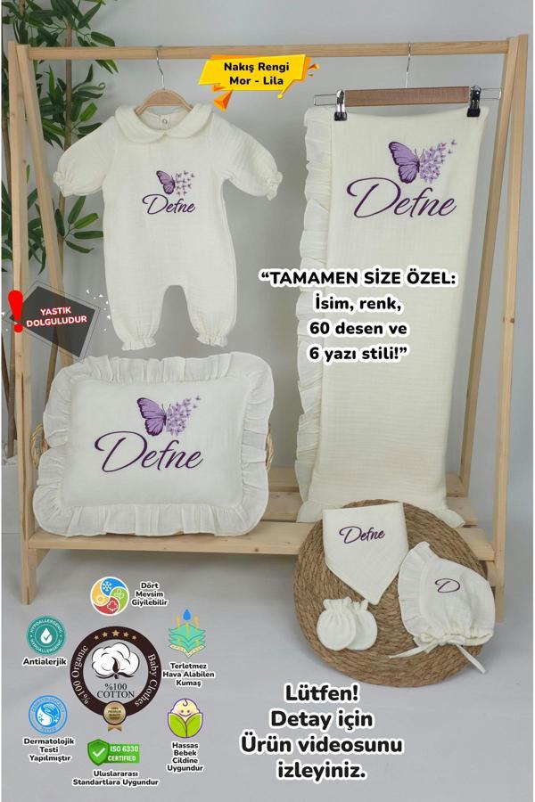 Gros Shop Müslin Yeni Doğan 4Katlı Organik %100Pamuk Kişiye Özgü Nakışlı Hastane Çıkış Seti-Çoklu Kelebek - Image 1