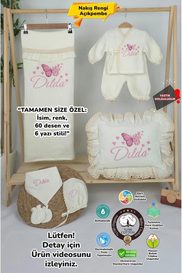Gros Shop Müslin Yeni Doğan 4Katlı Organik %100Pamuk Kişiye Özgü Nakışlı Hastane Çıkış Seti (Çoklu Kelebek-3) - Image 1