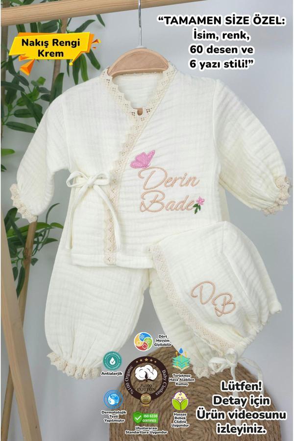 Gros Shop Müslin Yeni Doğan 4Katlı Organik %100Pamuk Kişiye Özgü Nakışlı Hastane Çıkış Seti(Tavşan Model-3) - Image 1