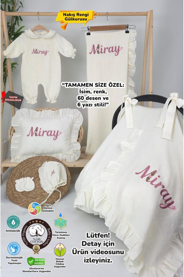 Gros Shop Müslin Yeni Doğan 4Katlı Organik %100Pamuk Kişiye Özgü Nakışlı Hastane Çıkış Seti (Papatya Model-12) - Image 1