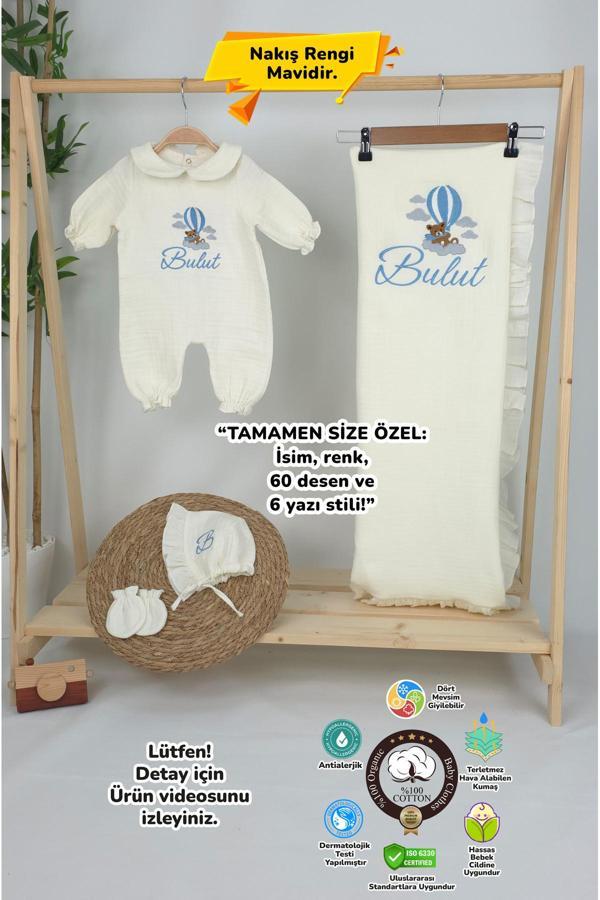Gros Shop Müslin Yeni Doğan 4Katlı Organik %100Pamuk Kişiye Özgü Nakışlı Hastane Çıkış Seti (Ayıcık Model-3) - Image 1