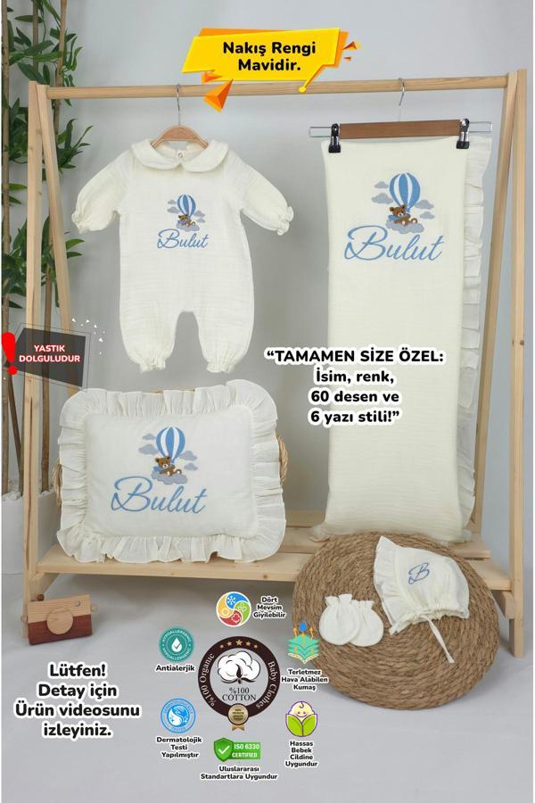 Gros Shop Müslin Yeni Doğan 4Katlı Organik %100Pamuk Kişiye Özgü Nakışlı Hastane Çıkış Seti (Ayıcık Model-3) - Image 1