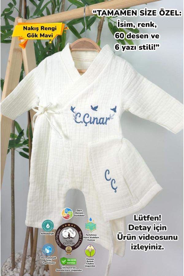 Gros Shop Müslin Yeni Doğan 4Katlı Organik %100Pamuk Kişiye Özgü Nakışlı Hastane Çıkış Seti-3'Lü Kuş Model - Image 1