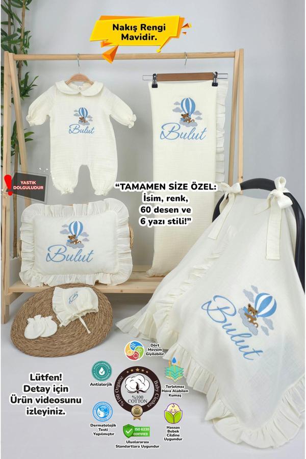 Gros Shop Müslin Yeni Doğan 4Katlı Organik %100Pamuk Kişiye Özgü Nakışlı Hastane Çıkış Seti (Ayıcık Model-3) - Image 1