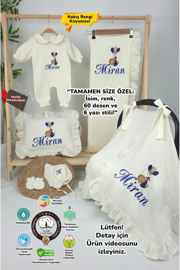 Gros Shop Müslin Yeni Doğan 4Katlı Organik %100Pamuk Kişiye Özgü Nakışlı Hastane Çıkış Seti (Balonlu Aslan-4) - Image 1