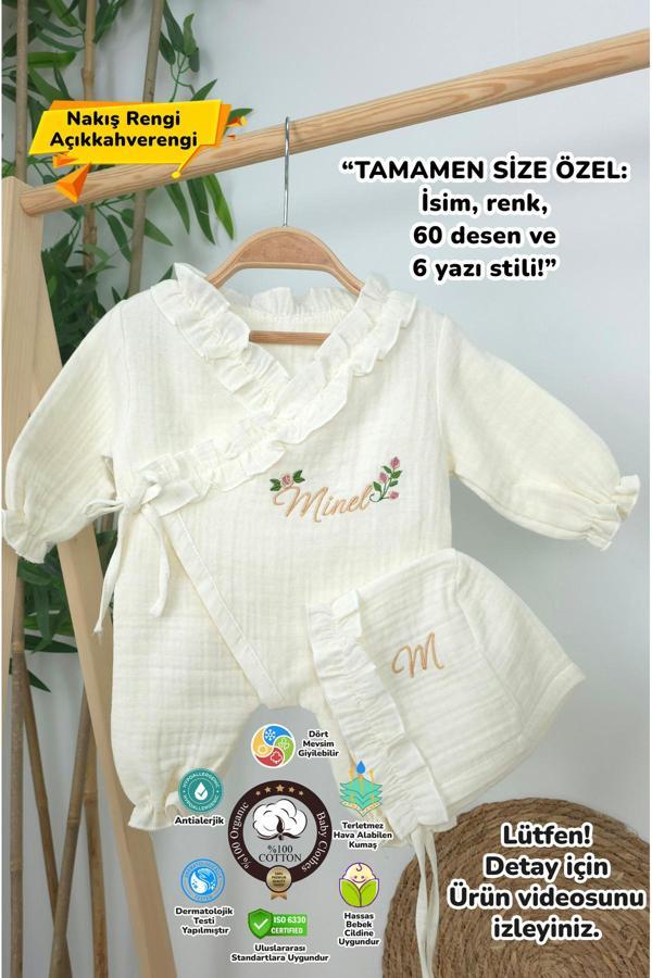 Gros Shop Müslin Yeni Doğan 4Katlı Organik %100Pamuk Kişiye Özgü Nakışlı Hastane Çıkış Seti (Güllü Model-4) - Image 1