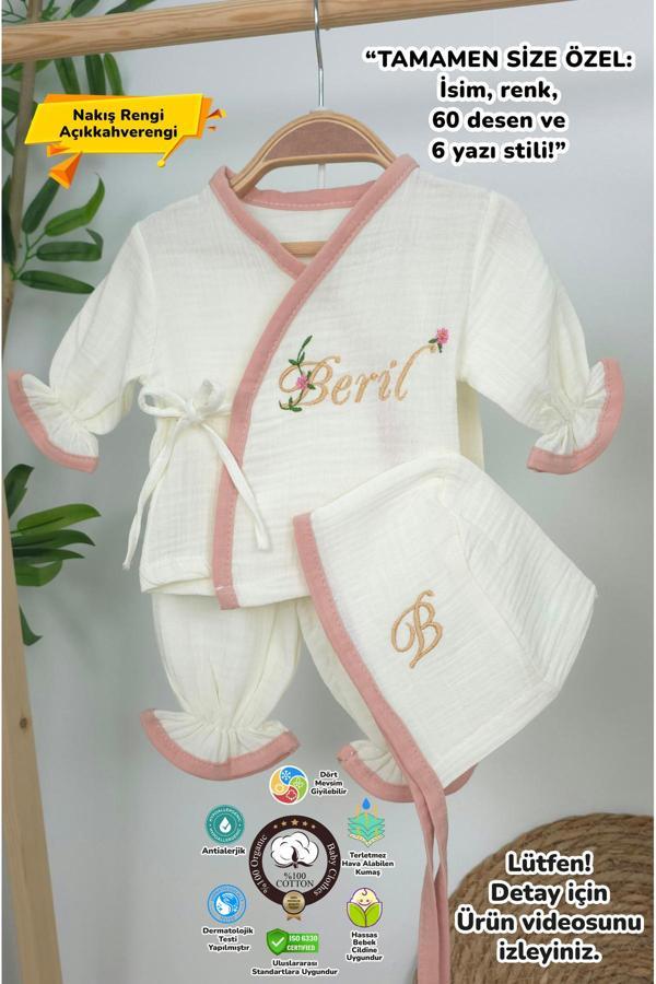 Gros Shop Müslin Yeni Doğan 4Katlı Organik %100Pamuk Kişiye Özgü Nakışlı Hastane Çıkış Seti (Pudra Biyeli-1) - Image 1