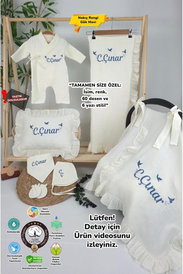 Gros Shop Müslin Yeni Doğan 4Katlı Organik %100Pamuk Kişiye Özgü Nakışlı Hastane Çıkış Seti-3'Lü Kuş Model - Image 1