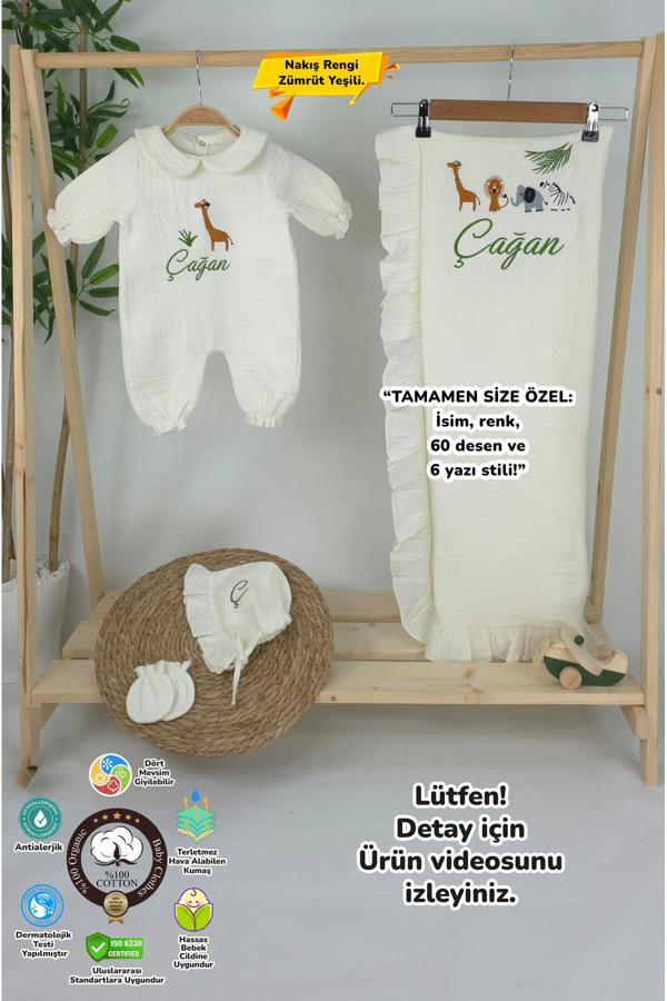 Gros Shop Müslin Yeni Doğan 4Katlı Organik %100Pamuk Kişiye Özgü Nakışlı Hastane Çıkış Seti-Safari Model-2 - Image 1