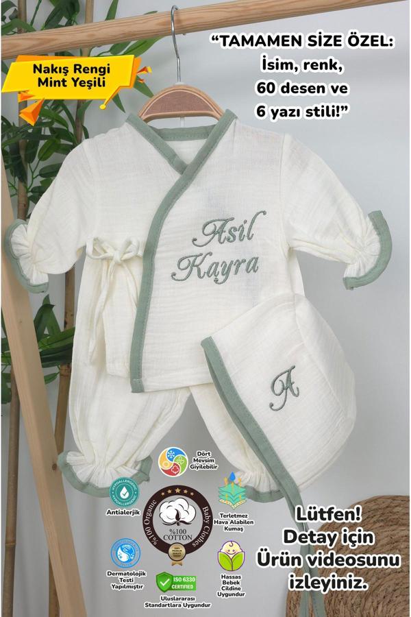 Gros Shop Müslin Yeni Doğan 4Katlı Organik %100Pamuk Kişiye Özgü Nakışlı Hastane Çıkış Seti (Yeşil Biyeli-1) - Image 1