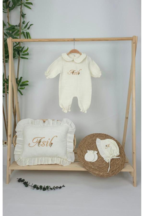 Gros Shop Müslin Yeni Doğan 4Katlı Organik %100Pamuk Kişiye Özgü Nakışlı Hastane Çıkış Seti (Papatya Model-3) - Image 1