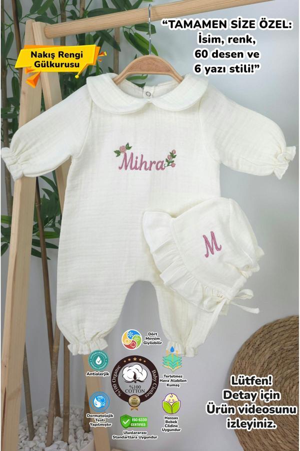 Gros Shop Müslin Yeni Doğan 4Katlı Organik %100Pamuk Kişiye Özgü Nakışlı Hastane Çıkış Seti (Güllü Mode-3) - Image 1