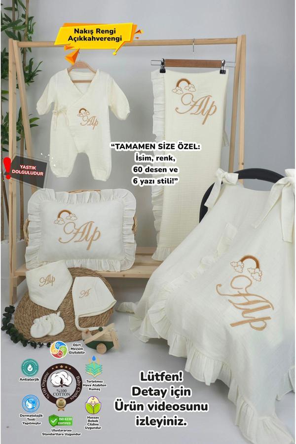 Gros Shop Müslin Yeni Doğan 4Katlı Organik %100Pamuk Kişiye Özgü Nakışlı Hastane Çıkış Seti (Gökkuşağı Model2) - Image 1