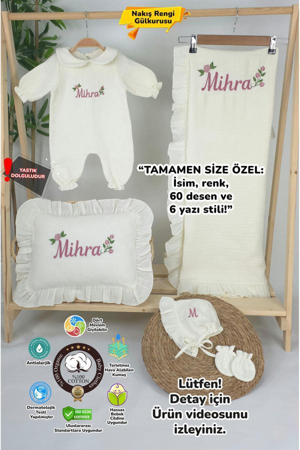 Gros Shop Müslin Yeni Doğan 4Katlı Organik %100Pamuk Kişiye Özgü Nakışlı Hastane Çıkış Seti (Güllü Mode-3) - Image 1