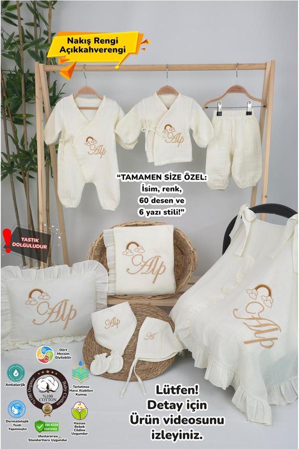 Gros Shop Müslin Yeni Doğan 4Katlı Organik %100Pamuk Kişiye Özgü Nakışlı Hastane Çıkış Seti (Gökkuşağı Model2) - Image 1