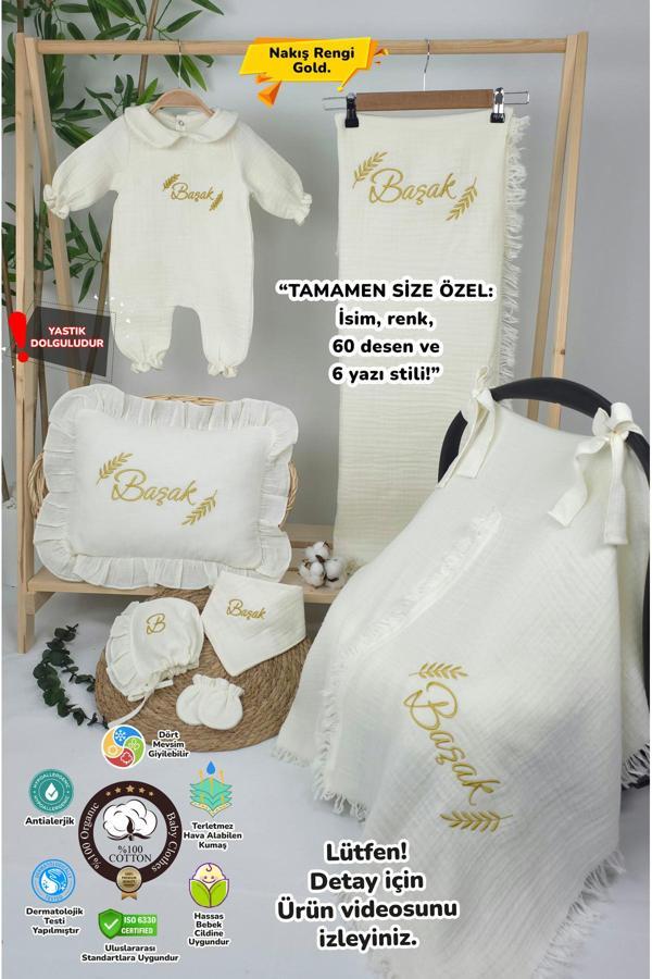 Gros Shop Müslin Yeni Doğan 4Katlı Organik %100Pamuk Kişiye Özgü Nakışlı Hastane Çıkış Seti-Başak Model - Image 1