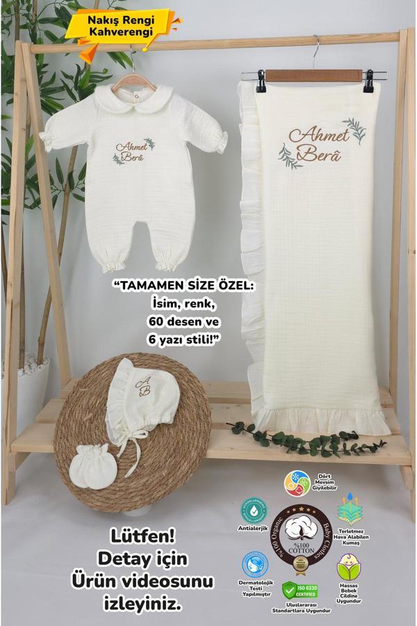 Gros Shop Müslin Yeni Doğan 4Katlı Organik %100Pamuk Kişiye Özgü Nakışlı Hastane Çıkış Seti (Dal Modell-2) - Image 1