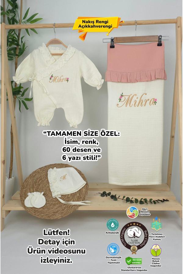 Gros Shop Müslin Yeni Doğan 4Katlı Organik %100Pamuk Kişiye Özgü Nakışlı Hastane Çıkış Seti (Papatya Model-11) - Image 1