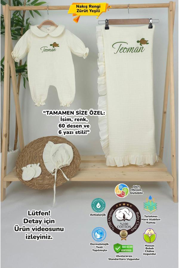 Gros Shop Müslin Yeni Doğan 4Katlı Organik %100Pamuk Kişiye Özgü Nakışlı Hastane Çıkış Seti (Kablunbağa Model) - Image 1
