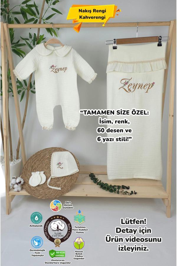 Gros Shop Müslin Yeni Doğan 4Katlı Organik %100Pamuk Kişiye Özgü Nakışlı Hastane Çıkış Seti (Papatya-3) - Image 1
