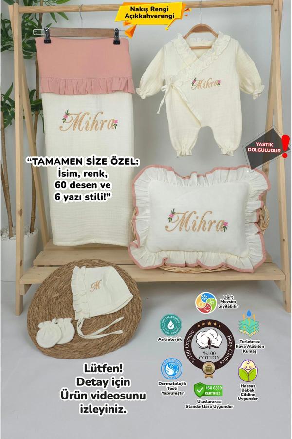 Gros Shop Müslin Yeni Doğan 4Katlı Organik %100Pamuk Kişiye Özgü Nakışlı Hastane Çıkış Seti (Papatya Model-11) - Image 1