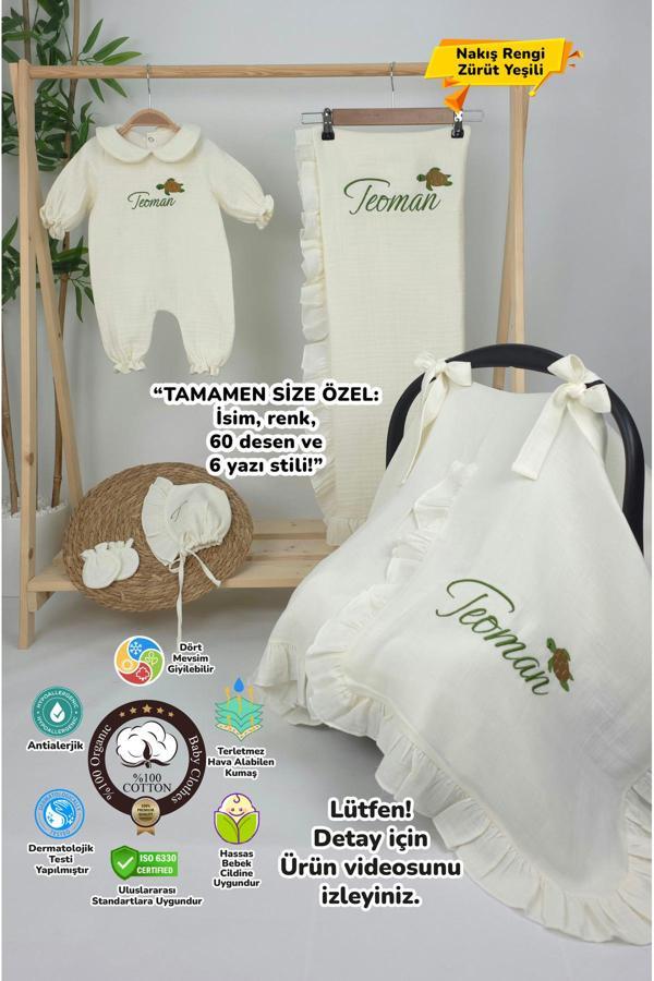 Gros Shop Müslin Yeni Doğan 4Katlı Organik %100Pamuk Kişiye Özgü Nakışlı Hastane Çıkış Seti (Kablunbağa Model) - Image 1