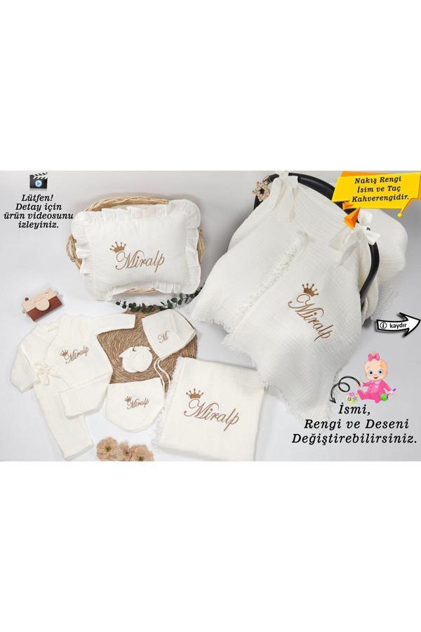 Gros Shop 4Katlı Müslin Kumaş 8'Li Bağcıklı Tulum %100 Pamuk Hastane Çıkışı (Kişiye Özgü İsimli Nakış Desenli) - Image 1