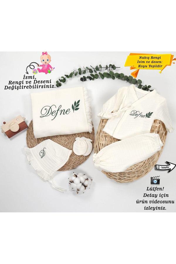 Gros Shop Yeni Doğan %100Pamuk Organik 4Katlı Müslin Kumaş Hastane Çıkış Seti(Kişiye Özgü İsimli Nakış Desenl) - Image 1