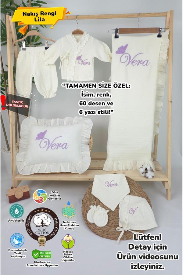 Gros Shop - Müslin Yeni Doğan 4Katlı Organik %100Pamuk Kişiye Özgü Nakışlı Hastane Çıkış Seti(Tekli Kelebek-1) - Image 1