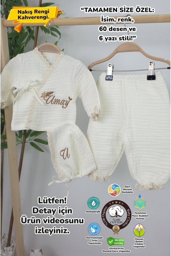 Gros Shop Müslin Yeni Doğan 4Katlı Organik %100Pamuk Kişiye Özgü Nakışlı Hastane Çıkış Seti(Gökkuşağı Model1) - Image 1