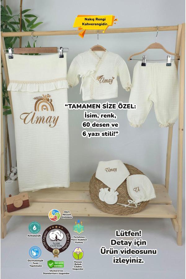 Gros Shop Müslin Yeni Doğan 4Katlı Organik %100Pamuk Kişiye Özgü Nakışlı Hastane Çıkış Seti(Gökkuşağı Model1) - Image 1