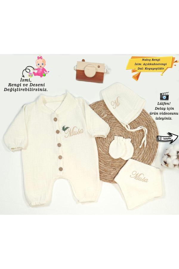 Gros Shop %100 Pamuk Organik 4 Katlı Müslin Kumaş Düğmeli Tulum-Mevlüt Seti (Kişiye Özgü İsimli Nakış Desenli) - Image 1